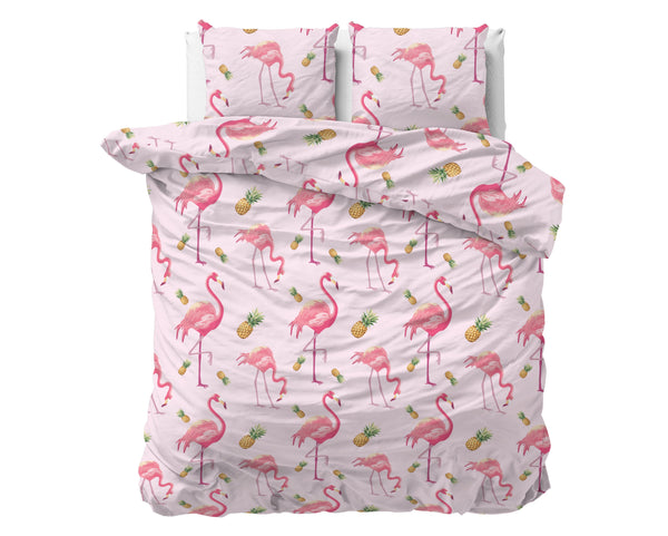 Trooppinen flamingo 240 x 220 - Vaaleanpunainen pussilakanasetti
