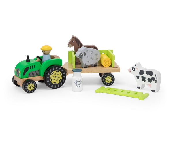 Puu-Traktori eläimillä ja perävaunulla