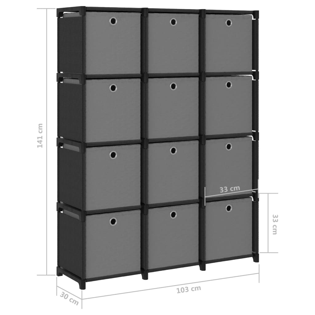 12 kuution esittelyhylly + laatikot musta 103x30x141 cm kangas