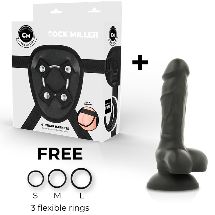 COCK MILLER HARNESS + SILICONE DENSITY COCKSIL ARTICULABLE BLACK 13 CM